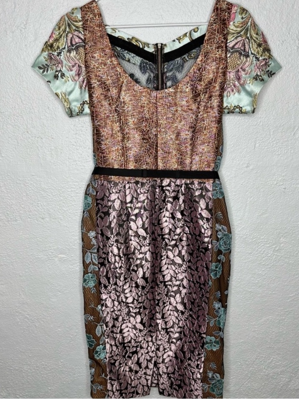 Beguile by Byron Lars Pieced Brocade Sheath Dress w/ Belt, Size 4 - Picture 7 of 16